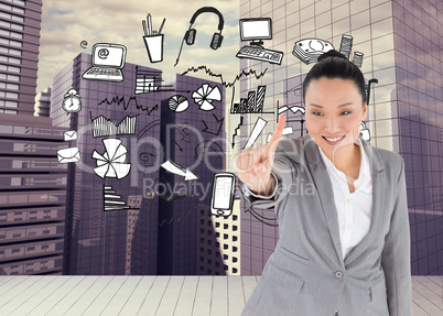 Composite image of smiling asian businesswoman pointing