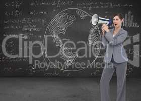 Composite image of businesswoman with loudspeaker