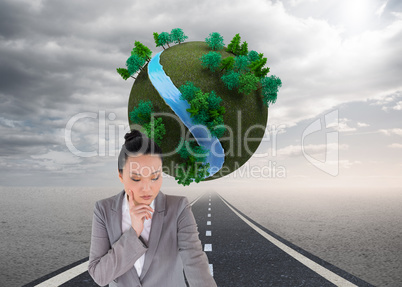 Composite image of unsmiling asian businesswoman pointing