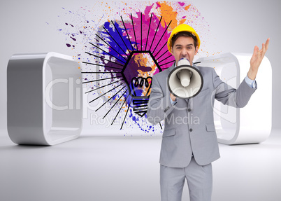 Composite image of architect with hard hat shouting with a megap