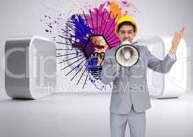 Composite image of architect with hard hat shouting with a megap