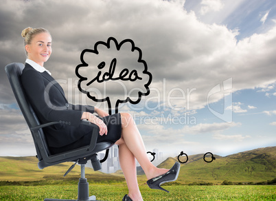 Composite image of businesswoman sitting on swivel chair in blac