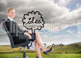 Composite image of businesswoman sitting on swivel chair in blac