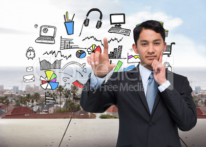 Composite image of thoughtful asian businessman pointing