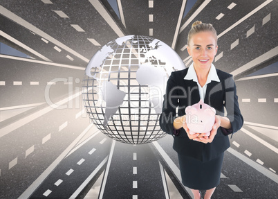 Composite image of businesswoman holding pink piggy bank