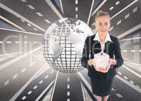 Composite image of businesswoman holding pink piggy bank