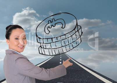 Composite image of smiling asian businesswoman pointing