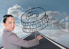 Composite image of smiling asian businesswoman pointing