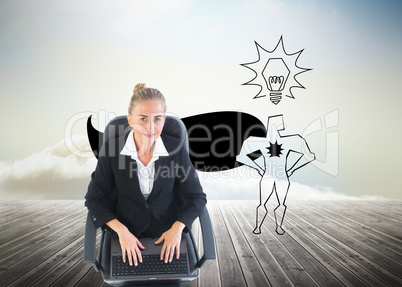 Composite image of businesswoman sitting on swivel chair with la