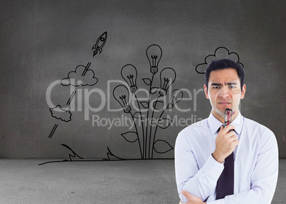 Composite image of thinking businessman holding glasses