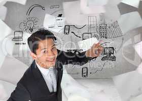 Composite image of smiling asian businessman pointing