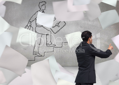 Composite image of thoughtful asian businessman pointing