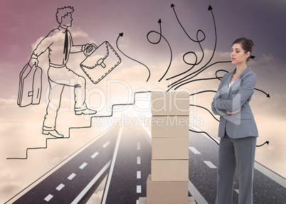 Composite image of thoughtful woman with cardboard boxes