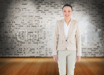 Composite image of smiling asian businesswoman walking