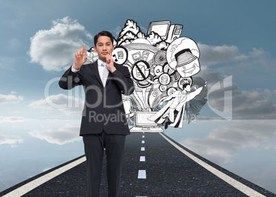 Composite image of thoughtful asian businessman pointing