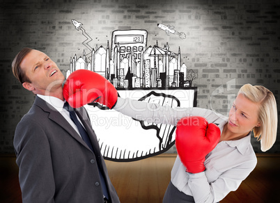 Composite image of businesswoman hitting colleague with her boxi