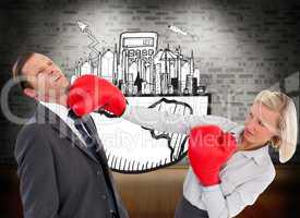 Composite image of businesswoman hitting colleague with her boxi