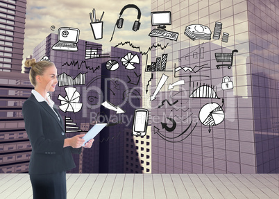 Composite image of businesswoman holding new tablet