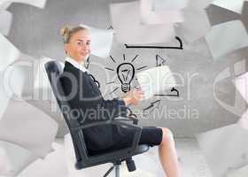 Composite image of businesswoman sitting in swivel chair holding