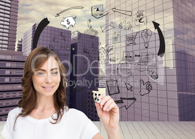 Composite image of smiling businesswoman holding marker