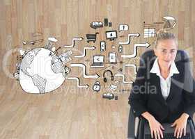 Composite image of businesswoman sitting on swivel chair with la