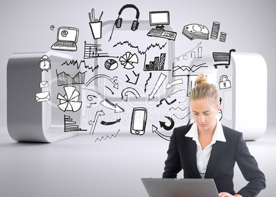 Composite image of businesswoman using laptop