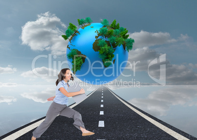 Composite image of cheerful classy businesswoman jumping while h