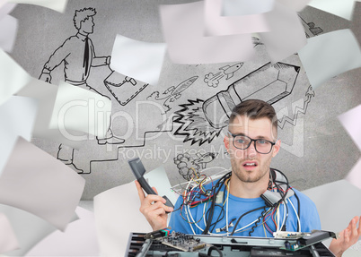 Composite image of confused it professional with cables and phon