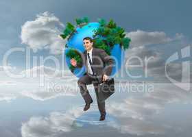 Composite image of cheerful businessman in a hury