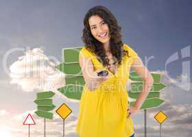 Composite image of smiling curly haired pretty woman changing ch