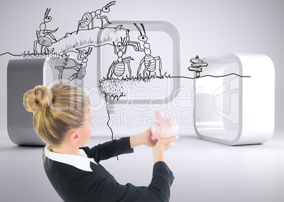 Composite image of businesswoman holding pink piggy bank