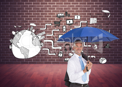 Composite image of businessman holding umbrella smiling at camer