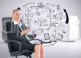 Composite image of businesswoman sitting on swivel chair with ta