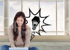 Composite image of brunette sitting on floor using laptop