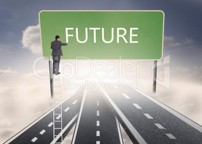 Composite image of businessman standing on ladder