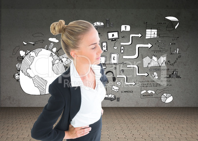 Composite image of businesswoman standing with hands on hips