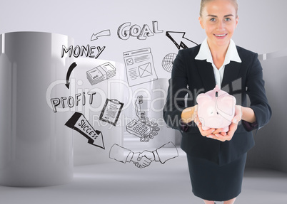 Composite image of businesswoman holding pink piggy bank