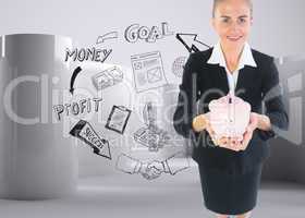 Composite image of businesswoman holding pink piggy bank