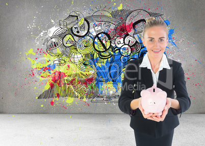 Composite image of businesswoman holding pink piggy bank