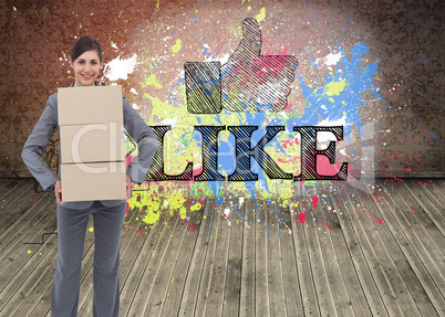 Composite image of smiling businesswoman carrying cardboard boxe