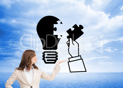 Composite image of smiling businesswoman raising her hand