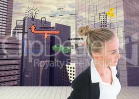 Composite image of businesswoman standing with hands on hips