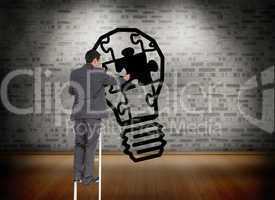 Composite image of businessman standing on ladder