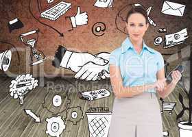 Composite image of serious classy businesswoman using calculator