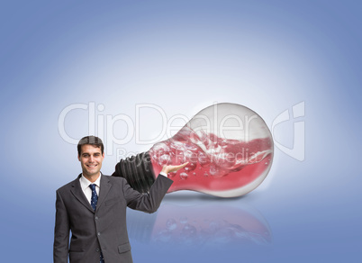 Composite image of happy businessman presenting