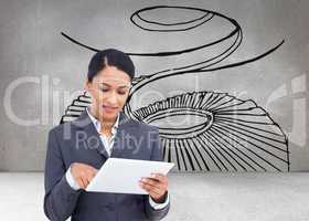 Composite image of close up of saleswoman with her touch screen