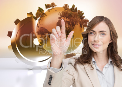 Composite image of smiling businesswoman pointing