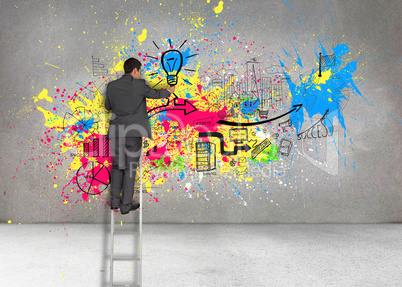 Composite image of businessman standing on ladder