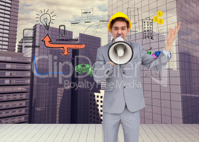 Composite image of architect with hard hat shouting with a megap