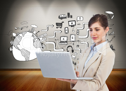 Composite image of confident businesswoman holding laptop